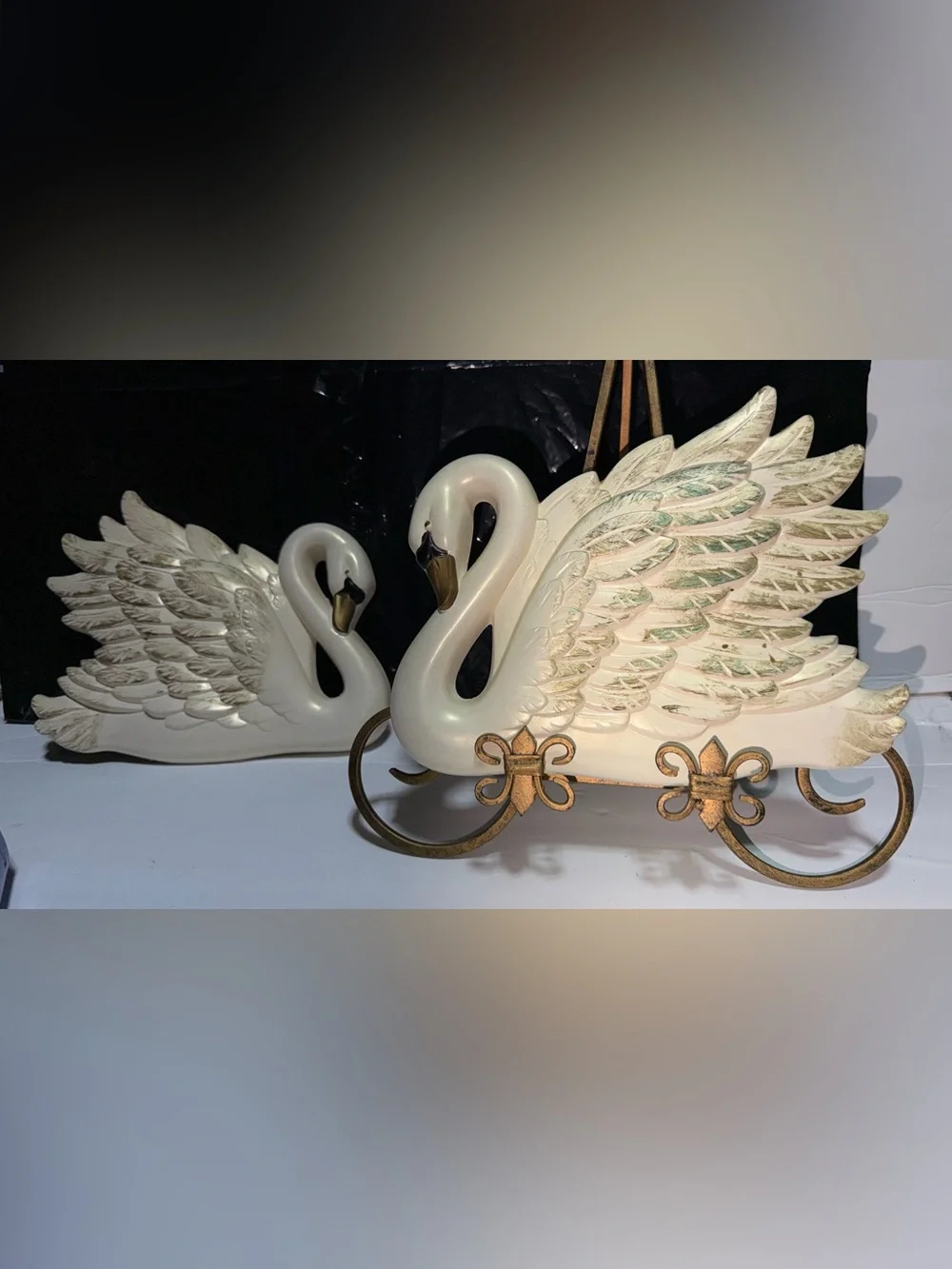 2 - Vintage Miller Studio Chalkware White /Gold SWANS 1968 Wall Hangings Pair
